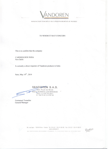 Vandoren Certificate